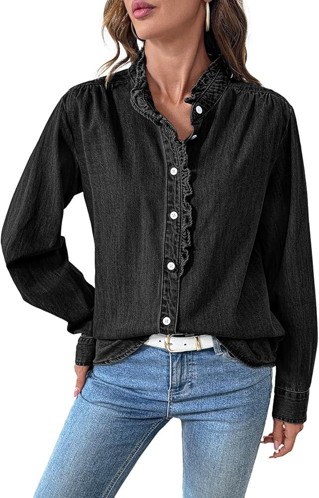 Sidefeel Womens Denim Shirt Button Down Long Sleeve Ruffled Edge Jean Blouses Tops | Amazon (US)