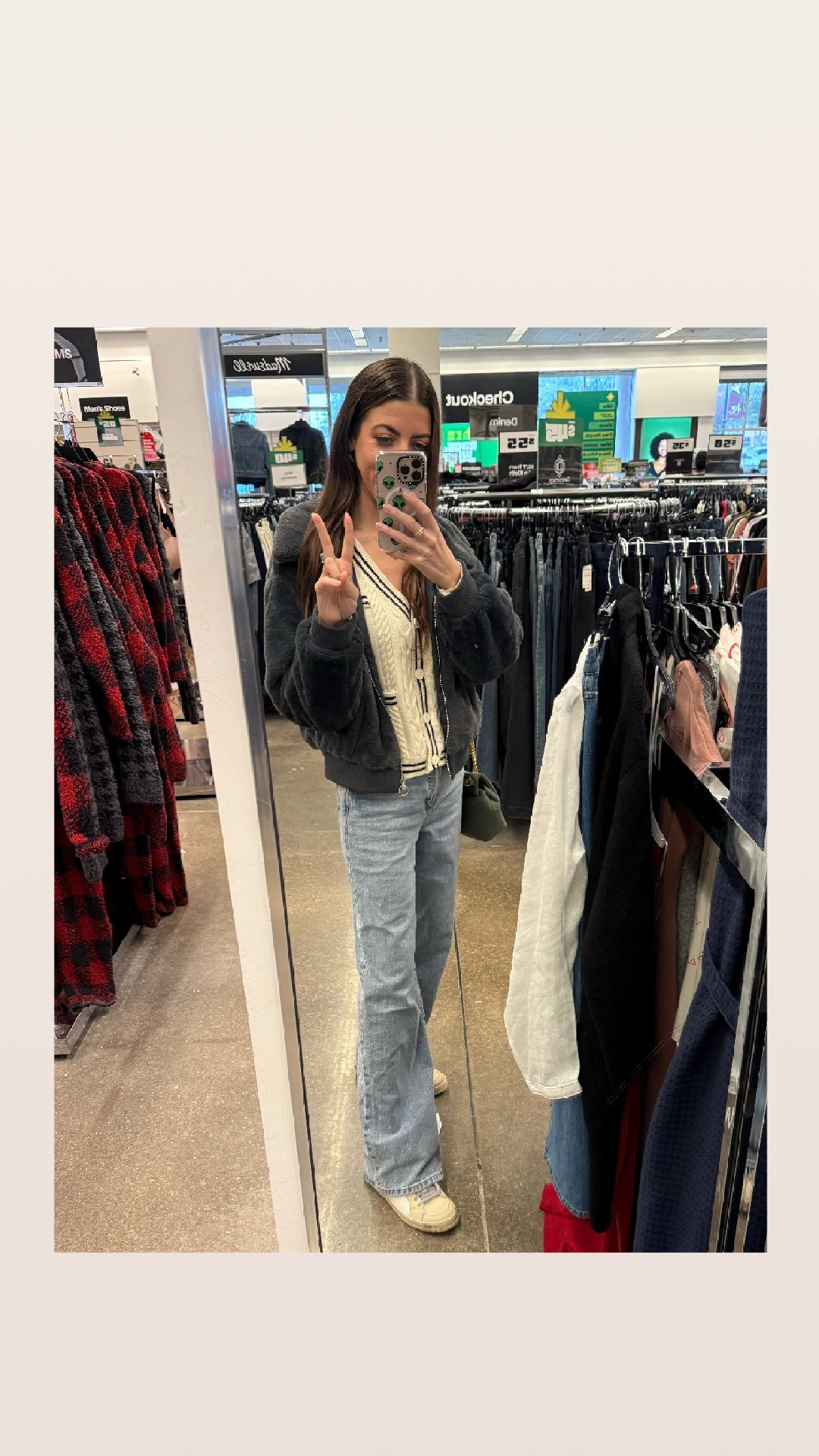 Serving up that thrift queen meets weekend chill energy. 

A varsity-style knit, a cozy bomber, and relaxed denim—because shopping requires comfort and style. Bonus points for the neutral sneakers keeping it effortlessly cool. 

Who else loves a good mirror selfie moment while browsing? 

#CasualCool #ShoppingFit #EffortlessStyle

#LTKSeasonal #LTKFindsUnder50 #LTKStyleTip