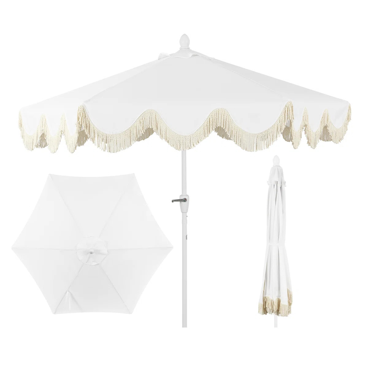 Collins 9 ft. Bohemian Fringe Outdoor Patio Umbrella with Crank Lift and Tilt, White Scalloped UV... | Wayfair North America