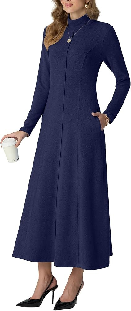 GRECERELLE Women's Spring Fall Casual Mock Neck Long Sleeve Flared Maxi Sweater Dress with Pocket... | Amazon (US)