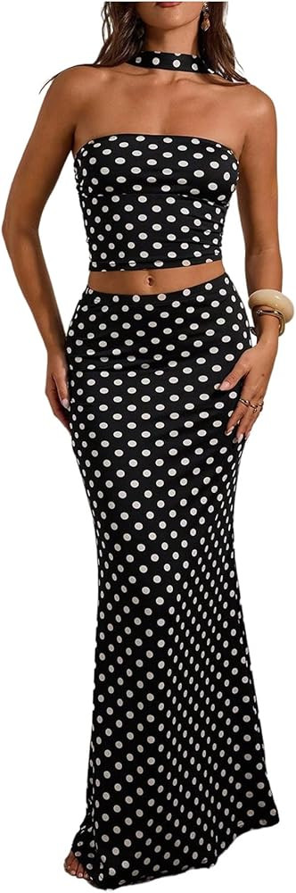 OYOANGLE Women's 2 Piece Polka Dots Skirt Sets Cropped Halter Top Long Skirt Cheeky Outfits | Amazon (US)