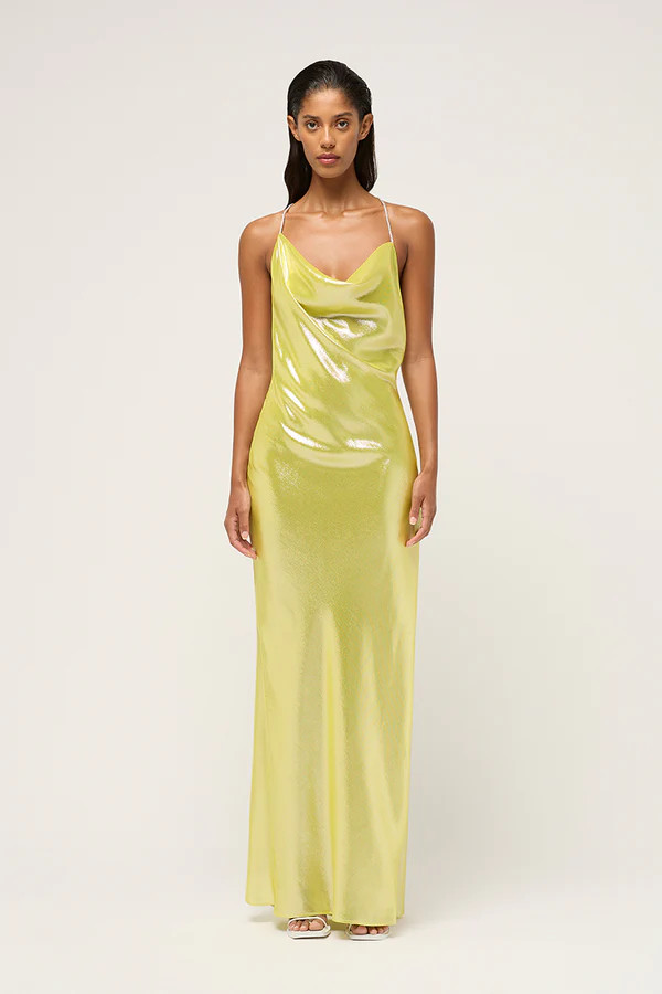 NICOLE DRAPED BIAS CRYSTALLINE MAXI DRESS - LIME | Michael lo Sordo