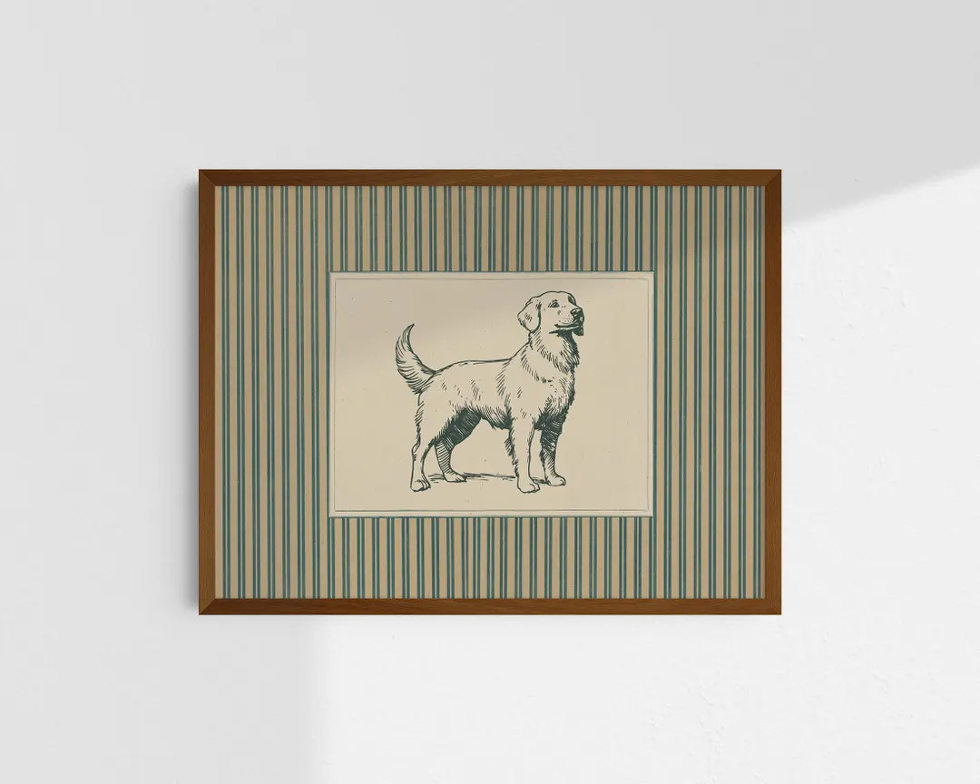 Golden Retriever Drawing, Striped Dog Art Print, Rustic Cottagecore Wall Decor | Etsy (Global)