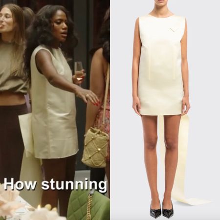 Gabby Prescod’s Ivory Satin Draped Back Dress is by Prada // Shop Similar 