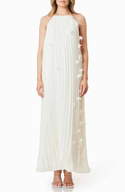 Emelia Floral Appliqué Pleated Georgette Halter Maxi Dress In Ivory | Shop Simon