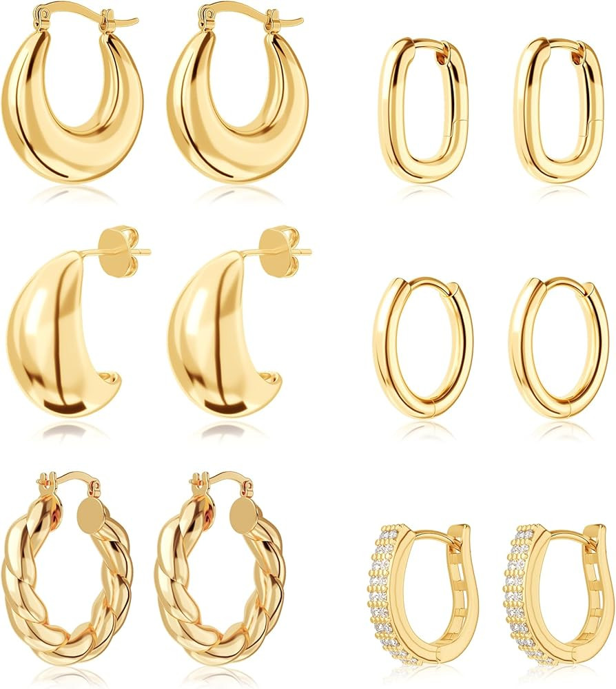 6 Pairs 18K Chunky Gold Hoop Earrings for Women, Lightweight Thick Hoop Earrings，Twist Huggie H... | Amazon (US)