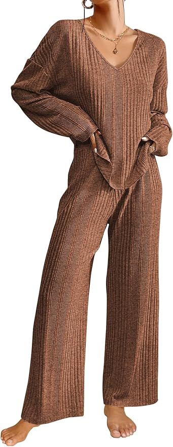 Ekouaer Womens Ribbed Knit Pajamas Set V Neck Long Sleeve Pj Set Matching Outfits Top and Pant Lo... | Amazon (US)
