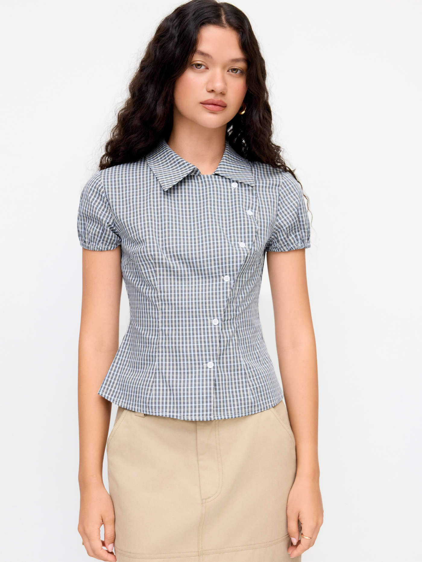 100% Cotton Plaid Collar Asymmetrical Button Puff Short Shirt | Cider