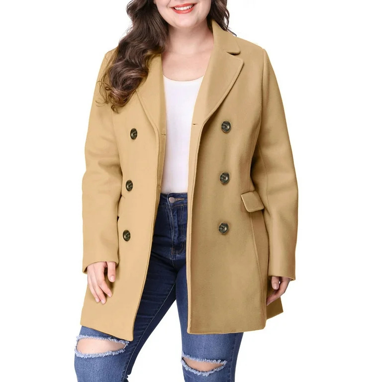 Unique Bargains Women's Plus Size Notched Lapel Double Breasted Winter Coat | Walmart (US)