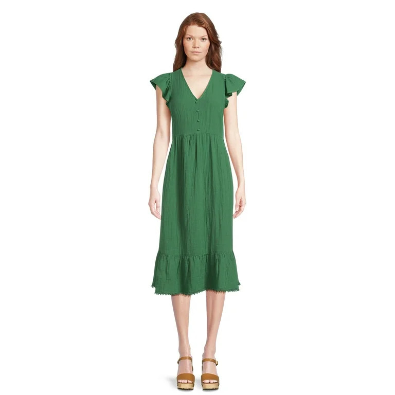 Time and Tru Women's Flutter Sleeve Midi Dress, Sizes XS-XXXL | Walmart (US)