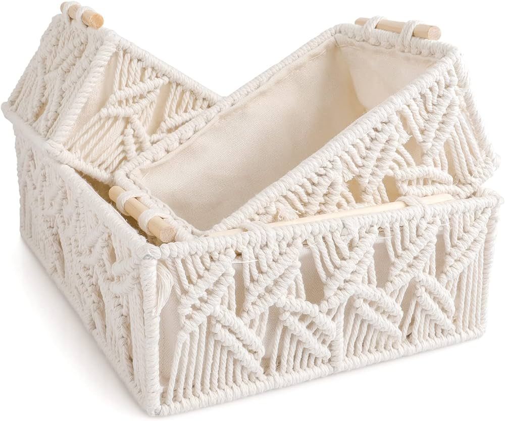 ANMINY Macrame Storage Baskets Set 3PCS Handmade Cotton Woven Decorative Boho Desk Storage Bins B... | Amazon (US)