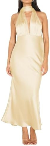 Summer Satin Halter Deep V Neck Backless Maxi Dresses for Women 2025 Silky Sleeveless Open Back W... | Amazon (US)