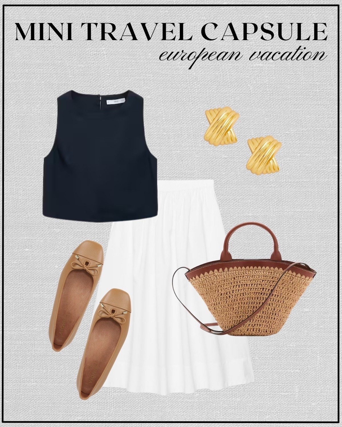 Mini travel capsule outfit: European vacation 

Navy linen top / tank / white midi skirt / tan ballet flats / straw tote / gold earrings / dressy outfits 

#LTKTravel #LTKStyleTip