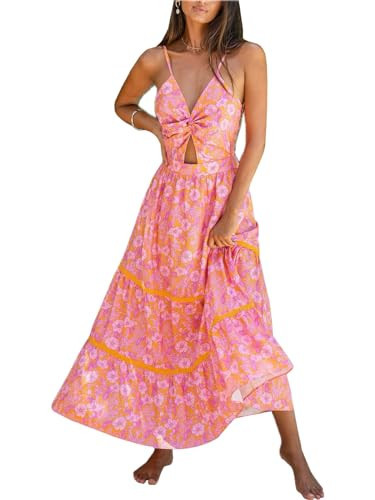 CUPSHE Women's Maxi Dress V Neck Sleeveless Pleated Floral Twisted Long A Line Summer Formal Dress Pink Floral, L | Amazon (US)