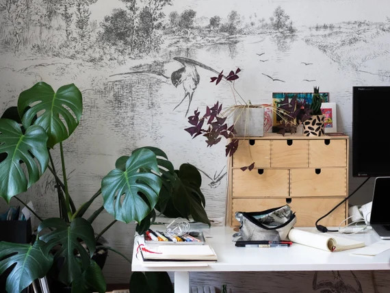 Vintage Drawing Swallows #59 Wallpaper, Mural, Removable, Vinyl Wall Mural, Peel Stick, Grey, Whi... | Etsy (US)