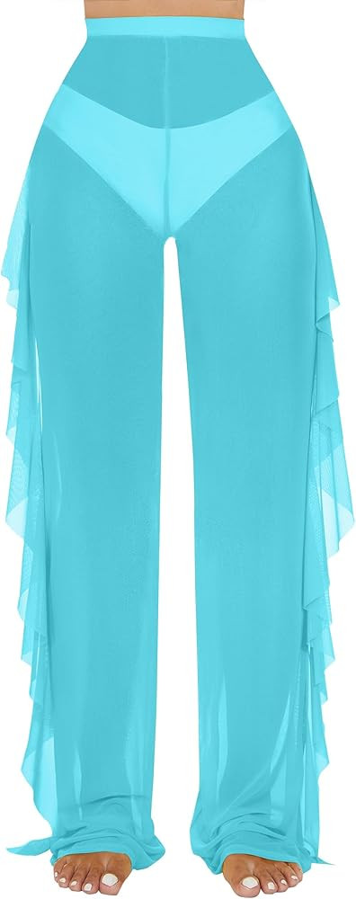 Jumppmile Women's Ruffle Sheer Mesh Swimwear Bikini Cover Up Pants See Through | Amazon (US)