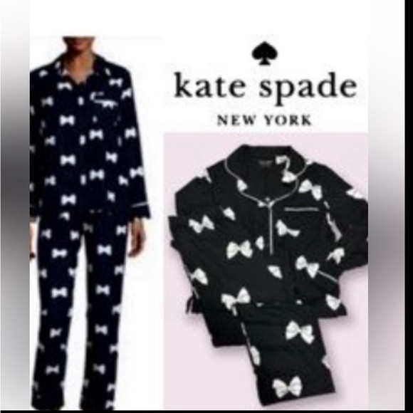 Kate Spade Black Bow pajamas set black and white bows_long sleeve Notch collar | Poshmark