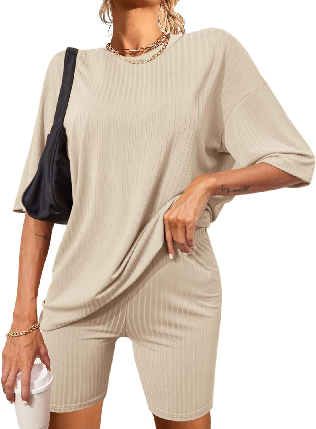 Ekouaer Pajamas 2 Piece Lounge Sets Ribbed Knit Matching Outfits T-shirt Biker Shorts Sleepwear S... | Amazon (US)