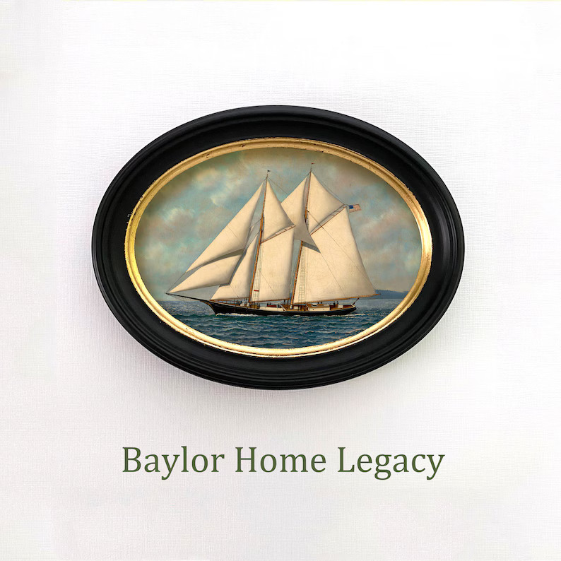 Framed Oval Sailboat Canvas Art Print of Antique Oil Painting, Schooner Painting in Oval Frame, Y... | Etsy (US)