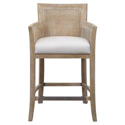 Ethan Coastal Beach Brown Hardwood Cane Frame Off White Fabric Counter Stool | Kathy Kuo Home