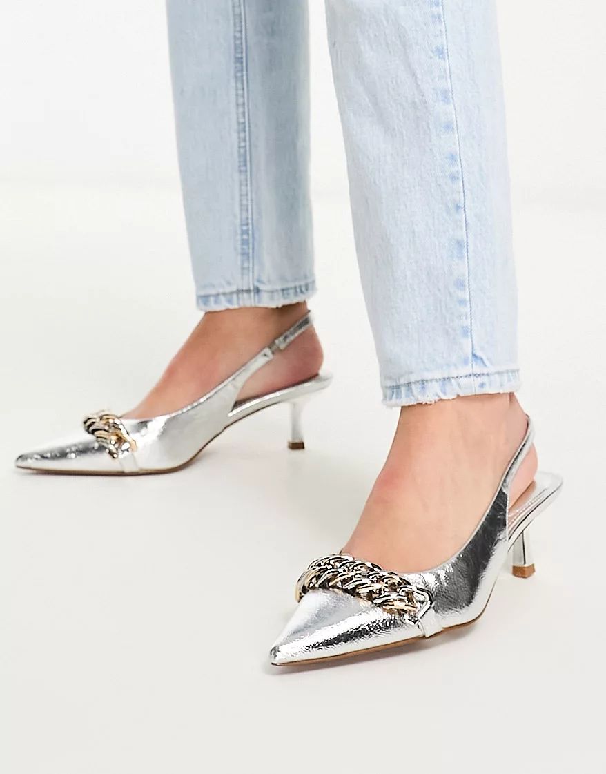 River Island sling back pumps with chain detail in silver | ASOS (Global)