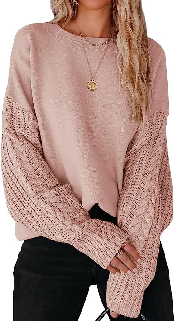 Women's Fall Long Sleeve Crew Neck Solid Color Cable Knit Chunky Casual Oversized Pu... | Amazon (US)