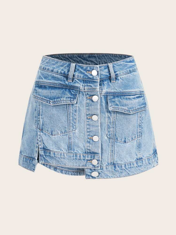 Eenkleurig Denim shorts Knoop Zak | SHEIN