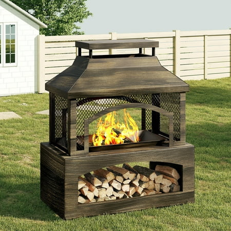 Bestier Fire Pits for Outside Wood Burning, Outdoor Fireplace with Log Storage Rack, Freestanding Chiminea Fireplace with Mesh Screen and Pocker for Backyard Patio Party Camping Picnic, 37" | Walmart (US)