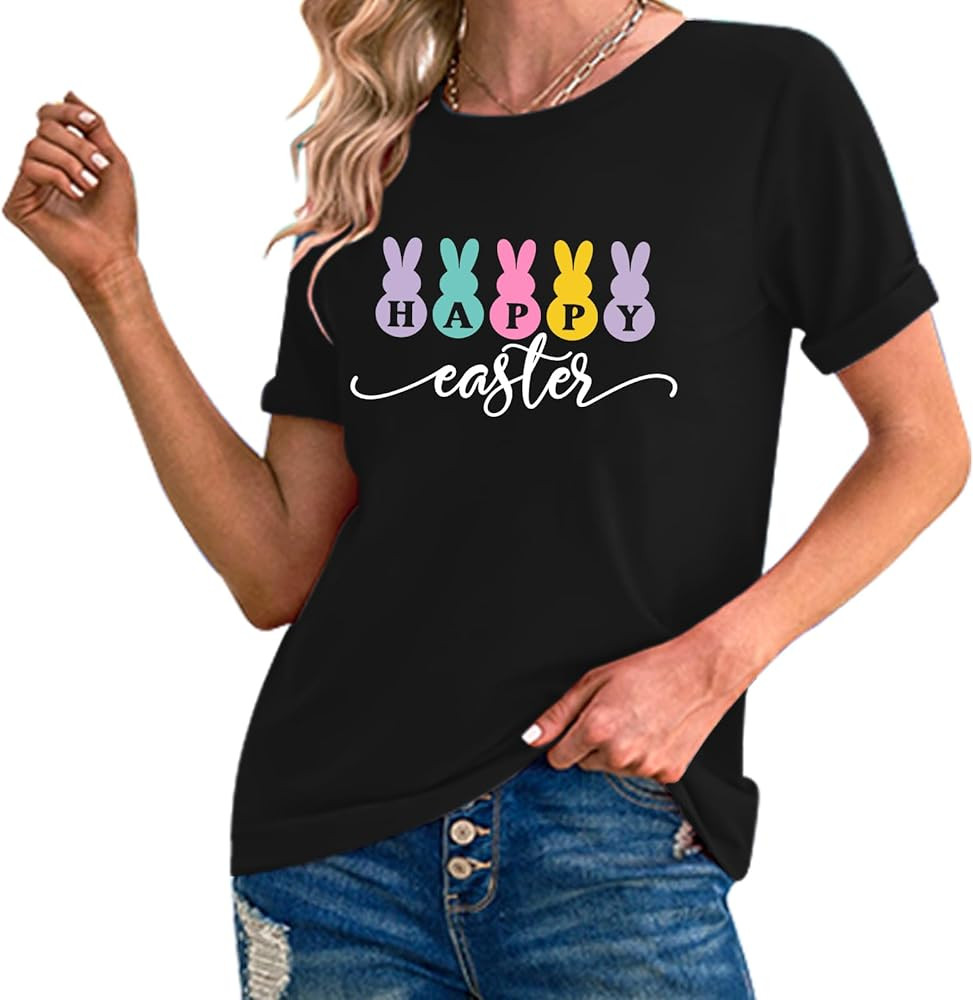 Fawniss Happy Easter Shirts Women Cute Bunny Tshirt Spring Easter Teacher Tee Tops | Amazon (CA)