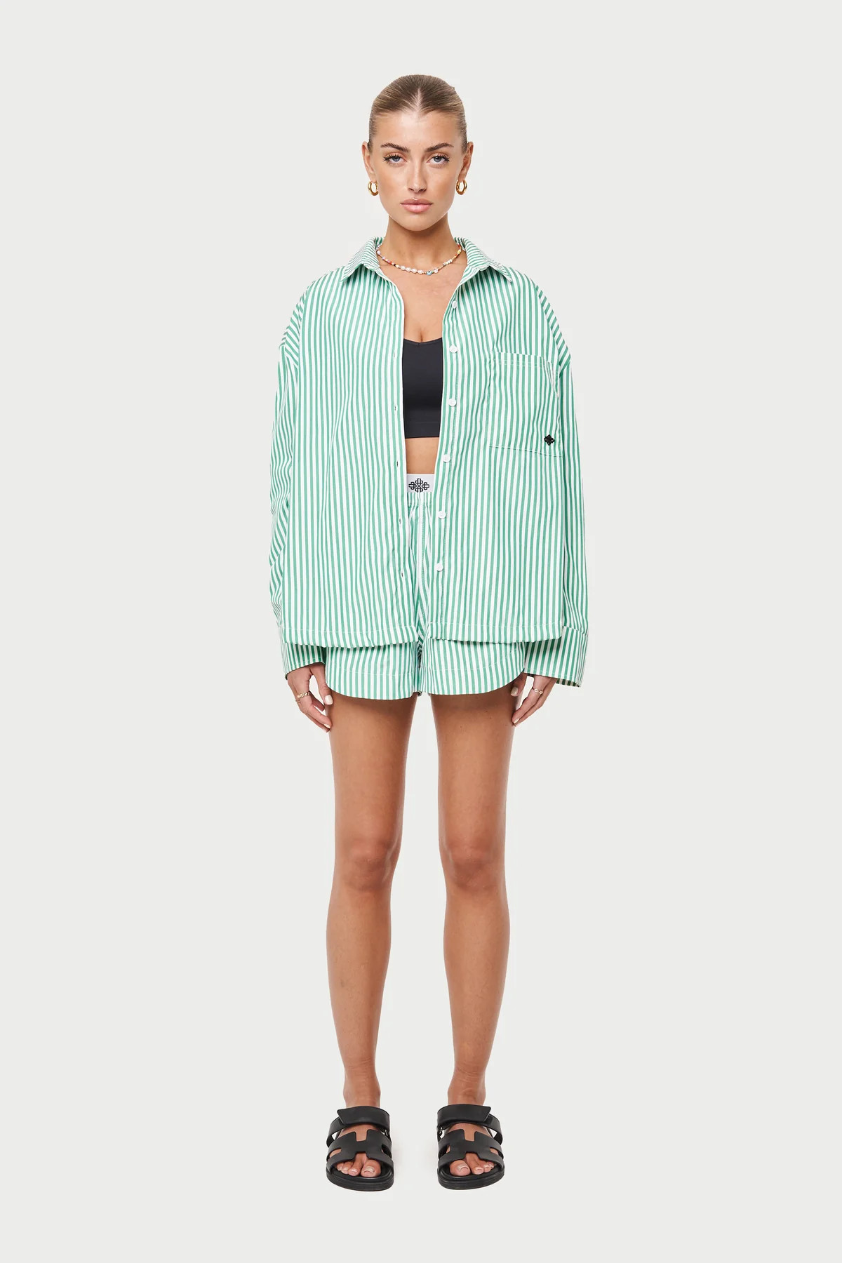 EMBLEM STRIPE OVERSIZED SHIRT - GREEN | The Couture Club