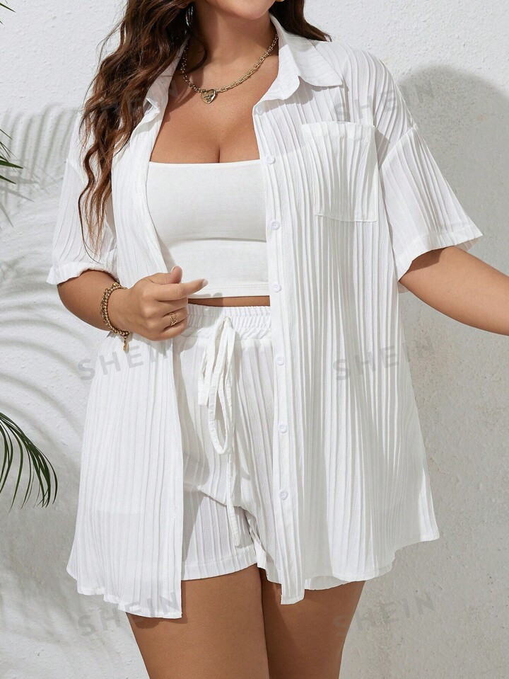 SHEIN WYWH Plus Solid Knot Front Shorts & Button Through Shirt | SHEIN