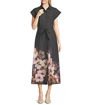 Calvin Klein Cotton Sateen Floral Print Collar Neckline Short Sleeve Maxi Shirt Dress - 14 | Dillard's
