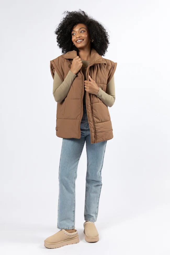 Best Bet Brown Oversized Puffer Vest FINAL SALE | Pink Lily