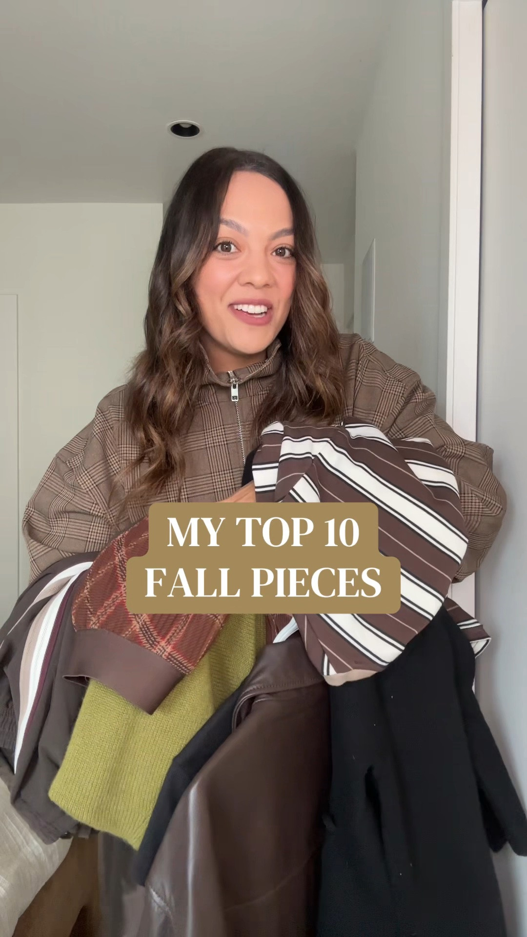 My top 10 favourite pieces for fall!

-Aritzia plaid funnel neck jacket, I have a size medium (tenet jacket). 
-Aritzia brown barrel-leg trousers, I have a size 10 (helix pants). 
-Quince brown leather jacket, I have a size medium.
-Aritzia brown pull-on pants with stripes down the sides, I have a size large (thesis pants). 
-Reformation white 3/4 length sleeve T-shirt, I have a size large.
-Reformation green sweater, I have a size large.
-Aritzia brown striped long sleeve T-shirt, I have a size large.
-Chan Luu brown taffeta barrel pants, I have a size medium/large (size 3). 
-Dissh black cardigan, I have a size medium.
-Aritzia burgundy plaid pleated midi skirt, I have a size medium (twirl skirt).

#LTKfall #LTKstyletip #LTKcanada