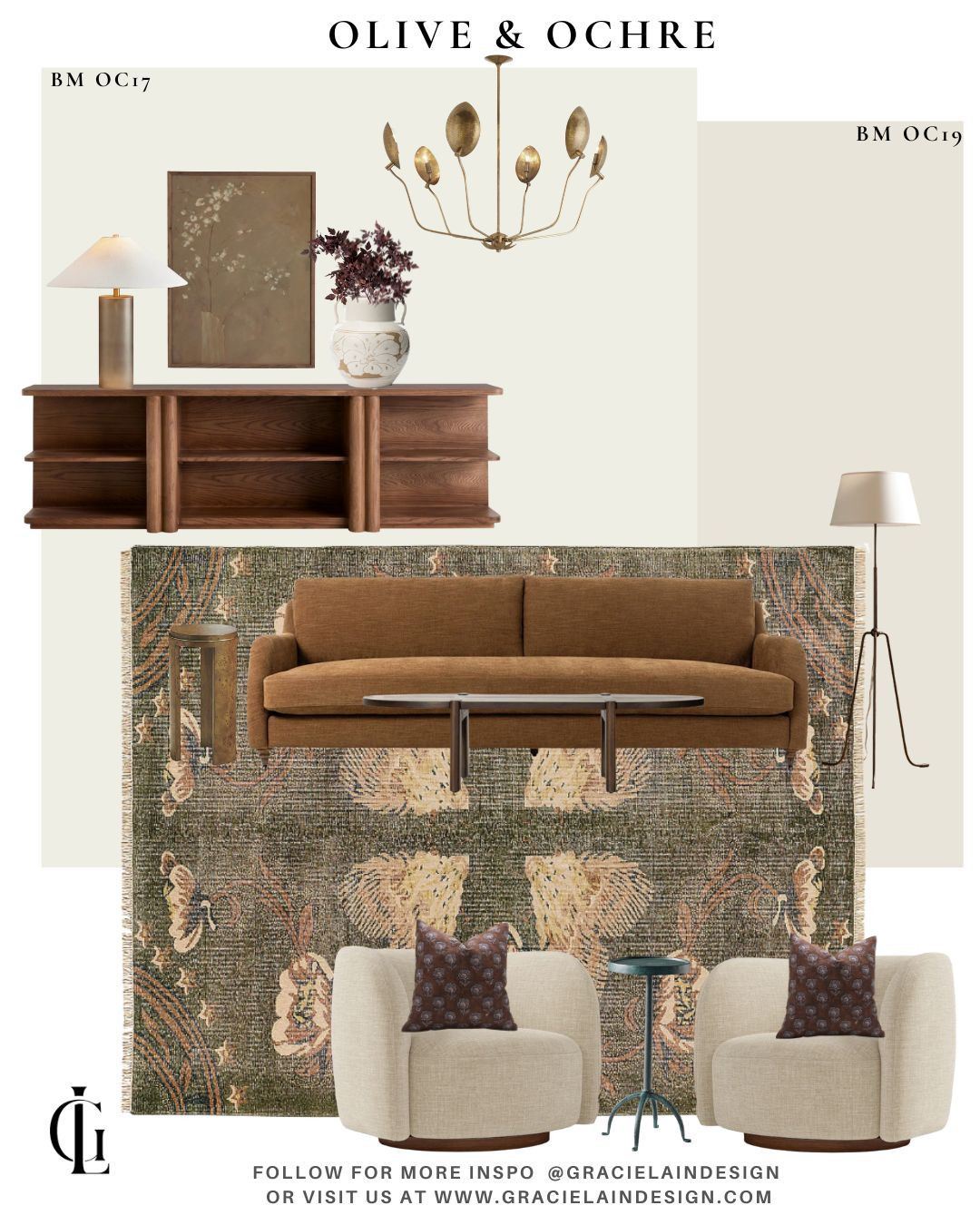 A living room that pulls you in and makes you stay. 🤎
Rich neutrals set the tone, anchored by a botanical-inspired olive wool rug that grounds the space with quiet drama. A deep ochre sofa adds warmth and soul, layered effortlessly with neutral linen chairs, rich wood tones, and warm brass details. Olive and plum accents bring depth, while moody art adds that perfectly imperfect edge.

It’s comfortable yet sophisticated.
Modern but relaxed.
Elevated without trying too hard.

This is the kind of space that feels collected, lived-in, and endlessly inviting—the room you sink into and never rush to leave. ✨

Shop the look + see more design inspiration at gracielaindesign.com

#ltkhome #ltkinteriors #neutralhome #modernorganic #elevatedliving #richneutrals #livingroominspo #olivegreen #ochresoofa #botanicalrug #moodyinteriors #warmmodern #gracielaindesign #interiordesigninspo 

 #LTKSeasonal #LTKHome #LTKSaleAlert