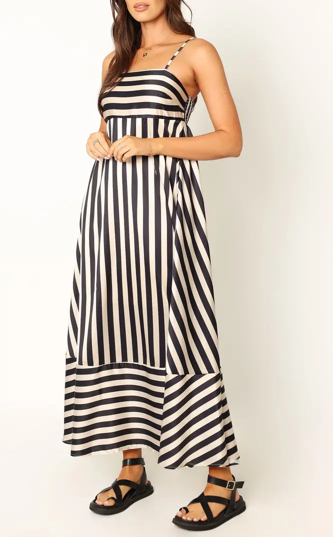 Brea Stripe Sleeveless Satin Maxi Dress White Vacation Dress Black Vacation Dress Black Outfit  | Nordstrom