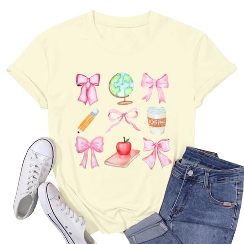 Teacher Shirts Womens Bow Teacher Graphic Tees Cute Teacher Appreciation Gifts Shirt Summer Casua... | Amazon (US)