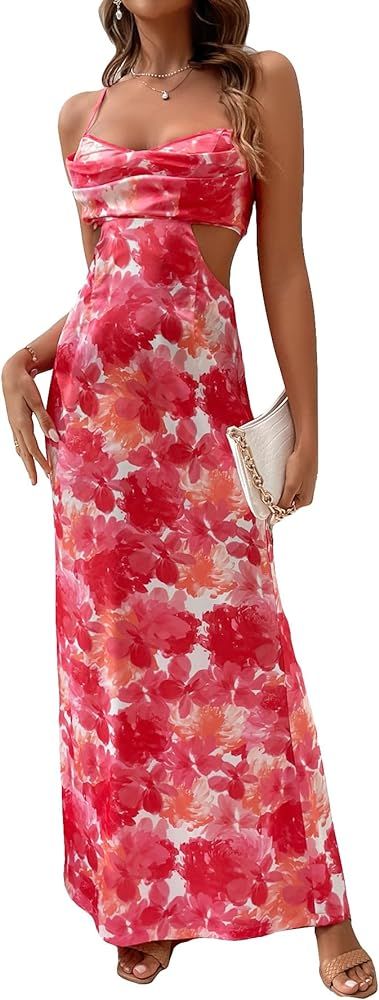 Amazon.com: Milumia Women's Floral Cut Out Backless Maxi Dress Ruched Sleeveless Long Cocktail Pa... | Amazon (US)
