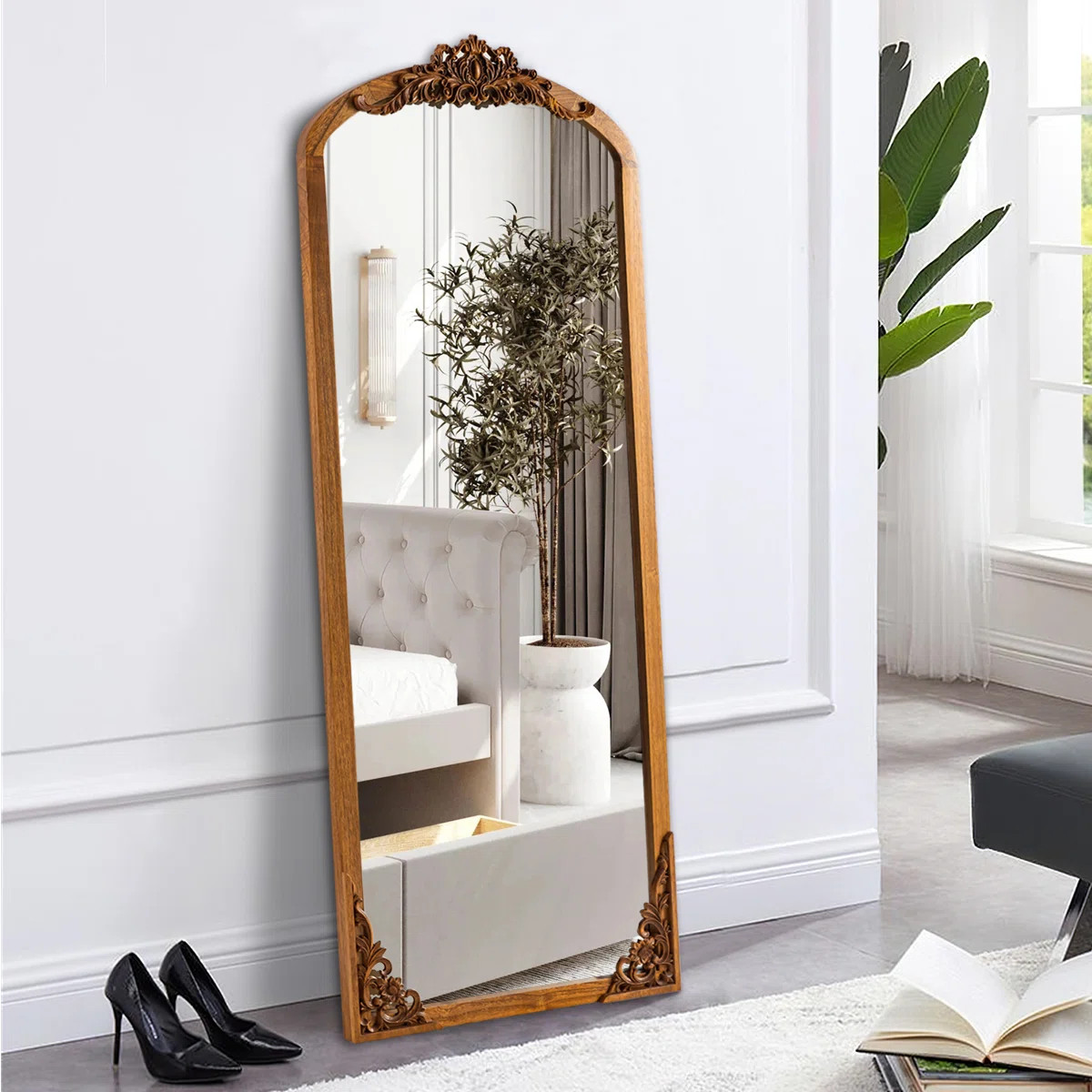 Lark Manor™ Anjulie Arch Solid Wood Mirror Ornate Mirror Wall Mirror Retro Mirror with Carved F... | Wayfair North America