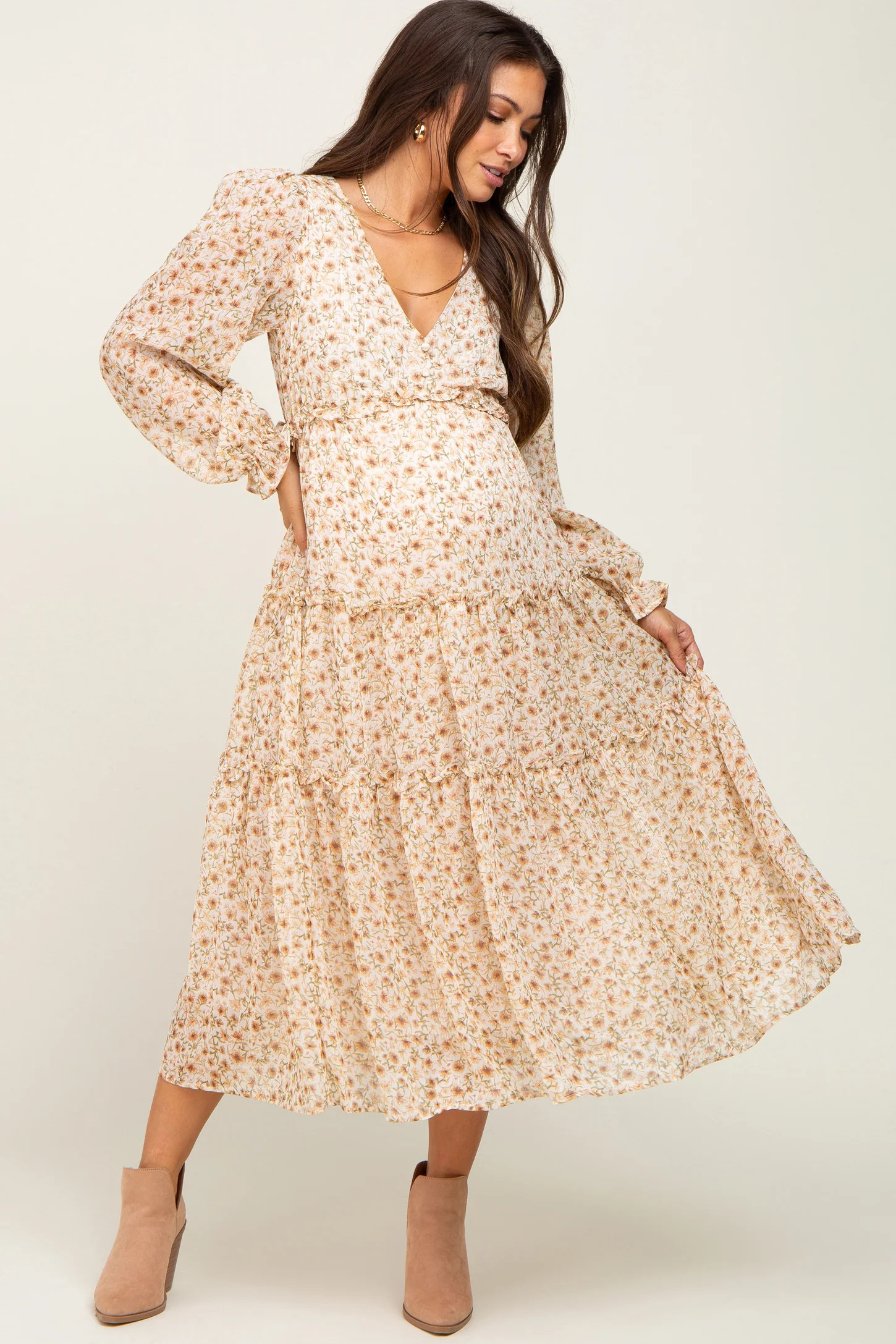 Cream Floral Ruffle Tiered Maternity Midi Dress | PinkBlush Maternity