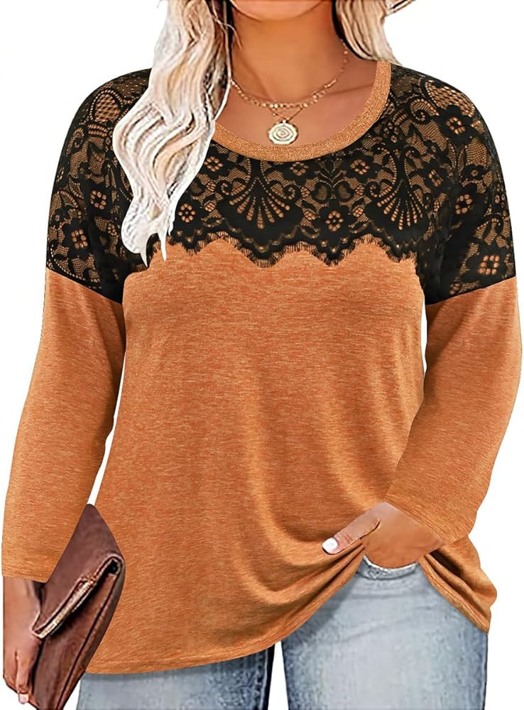 TIYOMI Plus Size Tops Long Sleeve Black Lace Dressy Casual T-shirt Fall Lightweight Sweatshirt Tu... | Amazon (US)