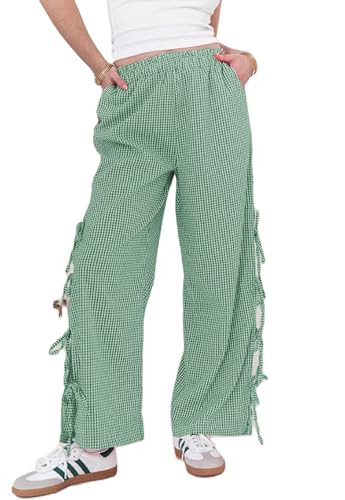 Aonoapll Women Y2k Side Bow Tie Pants Casual Wide Leg Gingham Print Lounge Pants Elastic High Waist Tie Side Pants(Dd Tie Green,X-Large) | Amazon (US)
