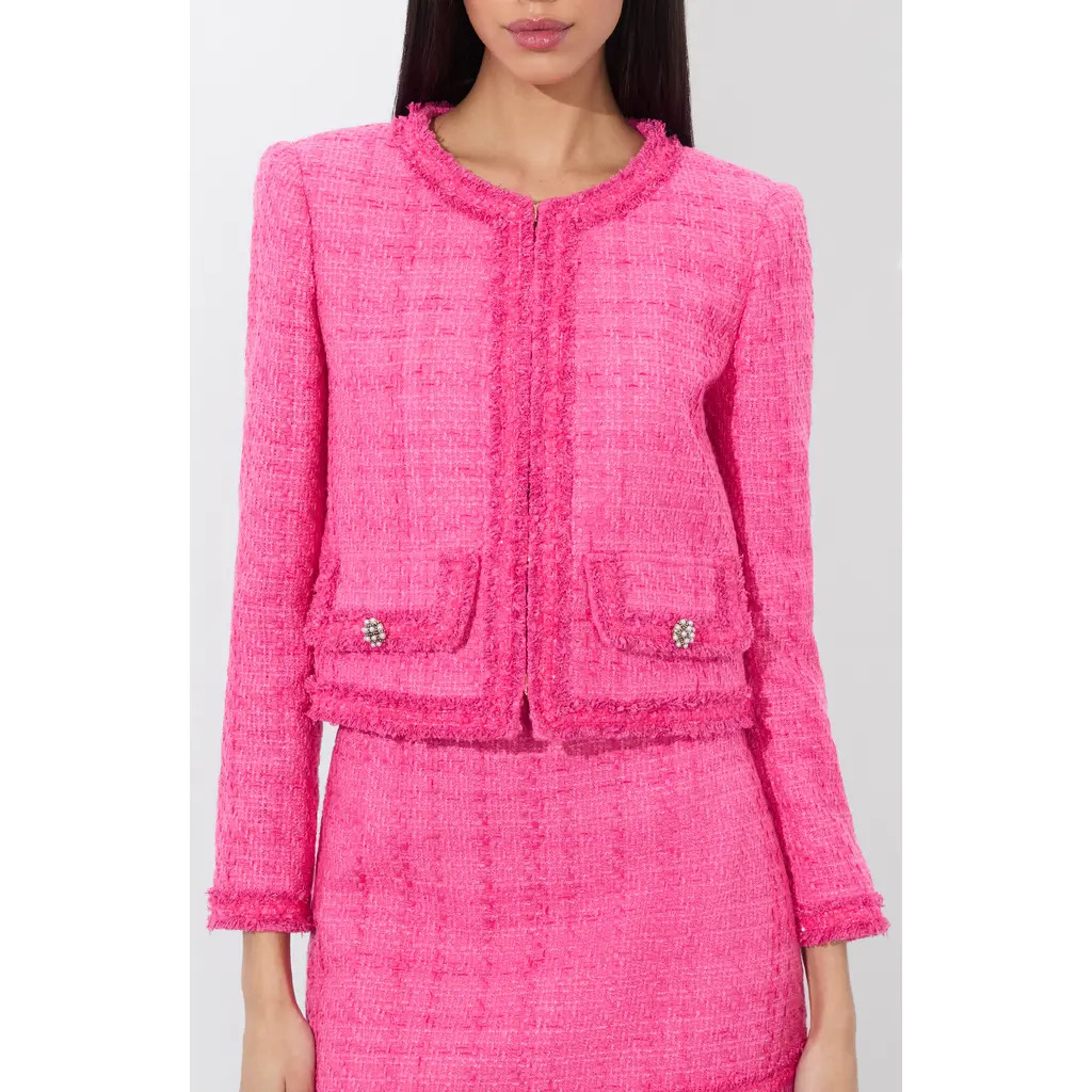 Alice + Olivia Landon Boxy Crop Tweed Jacket in Wild Pink at Nordstrom Rack, Size X-Large | Nordstrom Rack