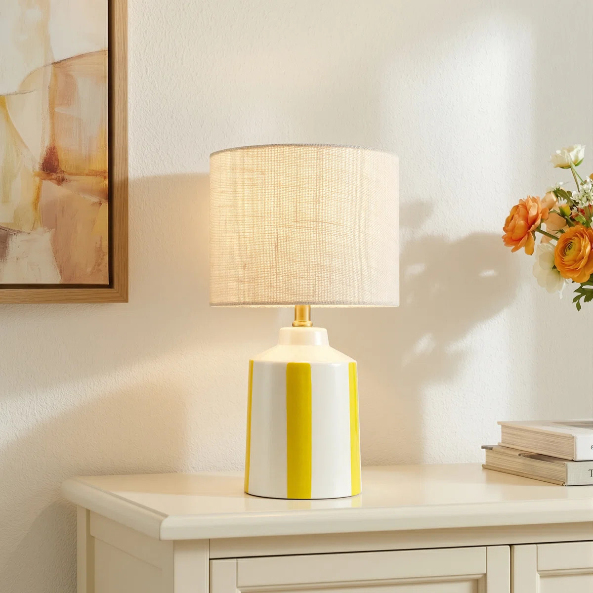 Modern Yellow Ceramic Table Lamp With Linen Drum Shade | Wayfair North America