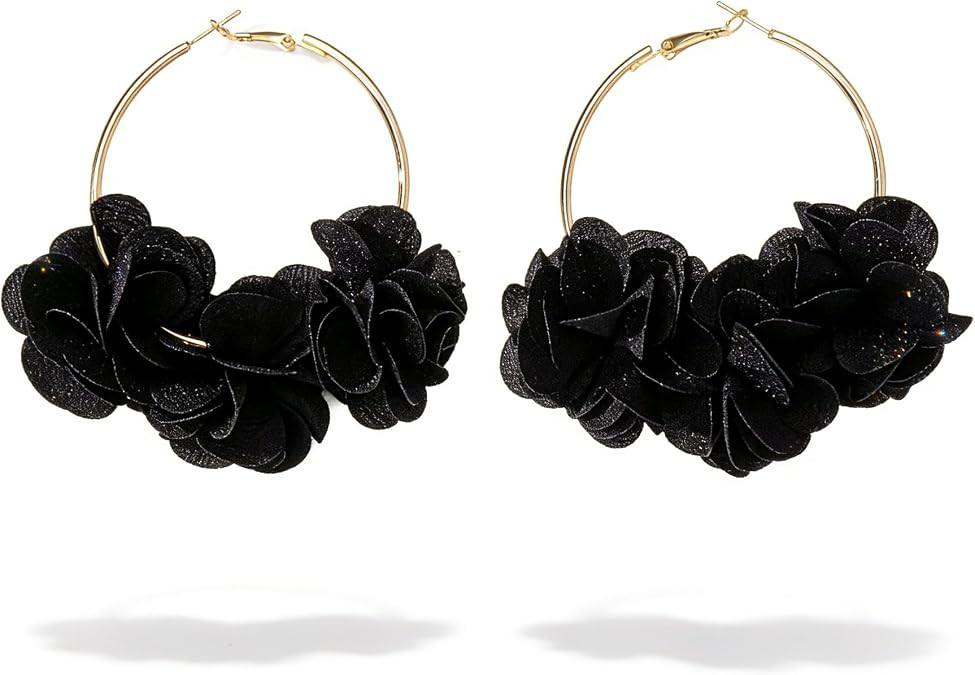 Black Flower Hoop Fabric Dangle Earrings for Women, Summer Floral Jewelry for Party Daily Commute... | Amazon (US)