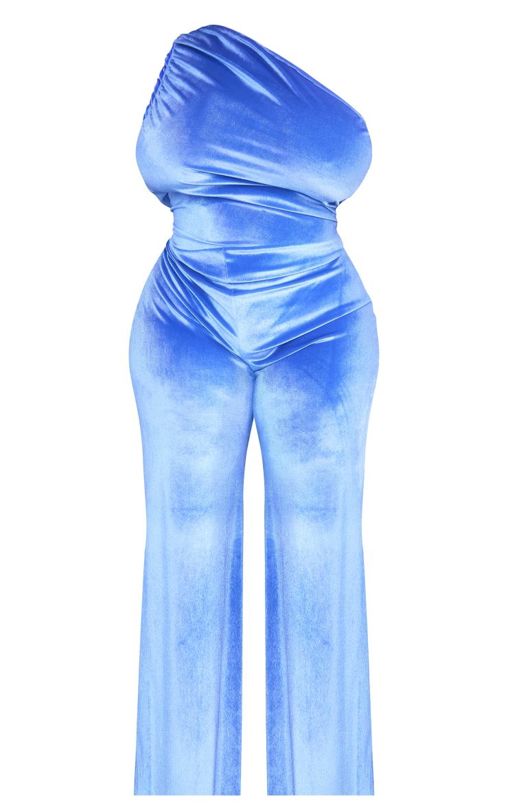 Plus Blue Velvet One Shoulder Wide Leg Jumpsuit | PrettyLittleThing US