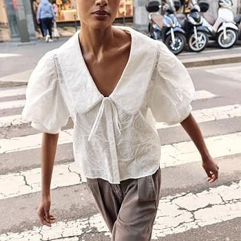 Womens Peter Pan Collar Blouse Short Puff Sleeve Embroidered Button Down Tops | Amazon (US)