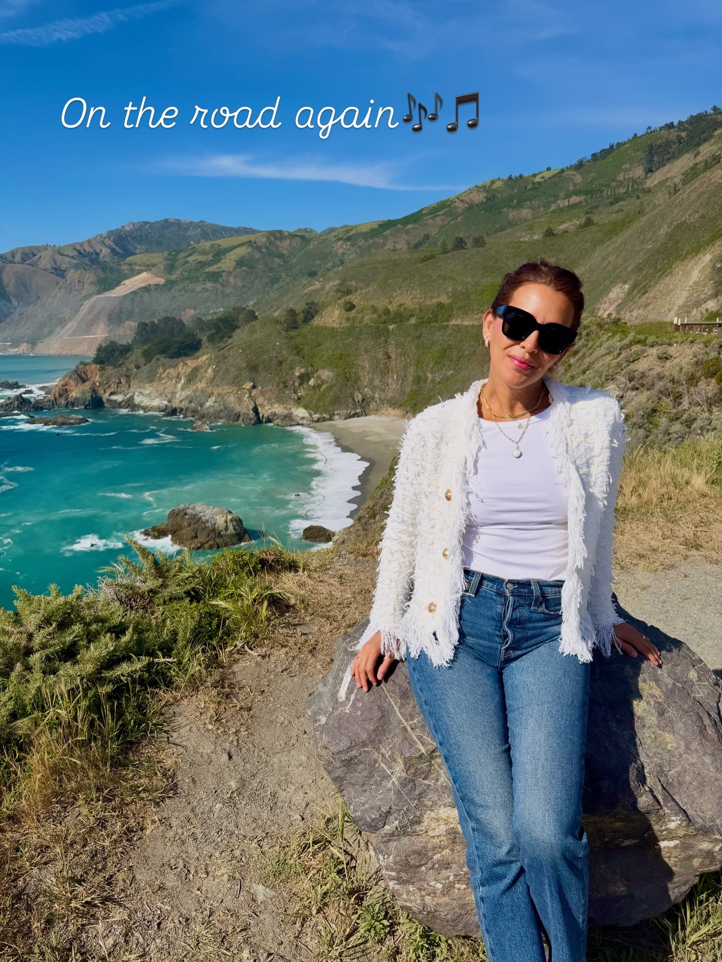 On the road again 🎶🎵 The scenic beauty of the California Pacific Coast Highway. 
Size S in cardigan jacket! Cropped jeans have stretch, wearing size 27. Size up in shoes, they run small.

Been on the road for a month now, and 1 more month until our house is built. So much more to see!
Cute boi🐶 was born to live by the ocean. 

#springoutfits #styletips #casualchic #ootd💗 californialife familyvacations

#LTKOver40 #LTKdayinmylife #LTKTravel