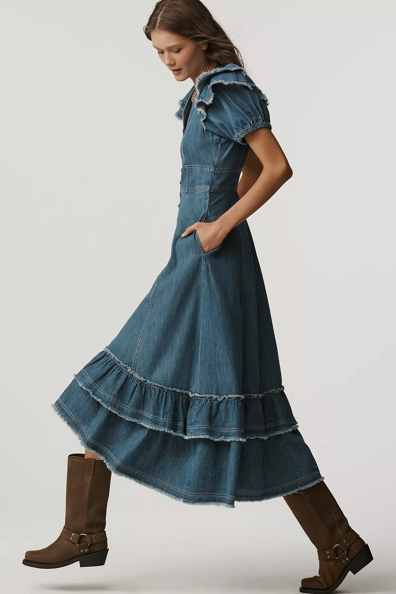 Pilcro Short-Sleeve Ruffled Midi Shirt Dress | Anthropologie (US)