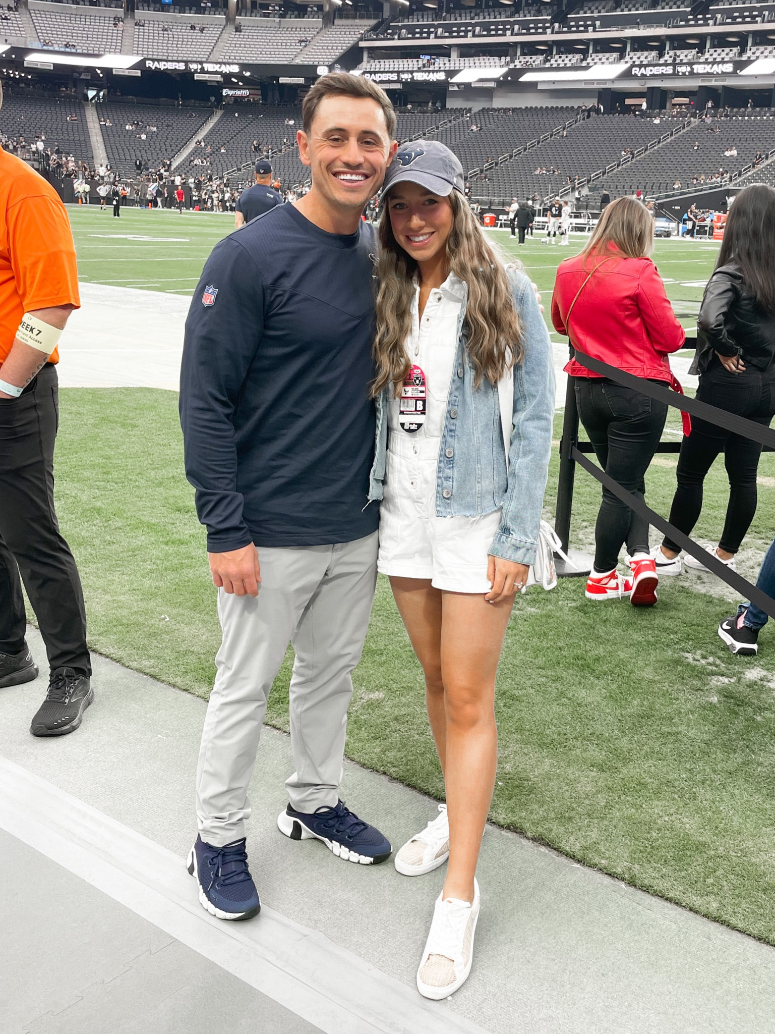 NFL game day outfit inspiration: white denim romper with a medium wash denim jacket and raffia sneakers. 

#LTKstyletip #LTKunder50